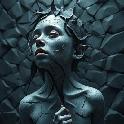 The primary subject of the image is a young girl with a blue and white color scheme. She is wearing a headpiece made of leaves and has a blue and white dress. The setting is a dark room with a blue background, giving the image a moody and artistic feel. The visual style is a combination of digital art and illustration, creating a unique and intriguing scene. The colors and mood of the image are predominantly blue and white, with a hint of darkness, giving the impression of a mysterious